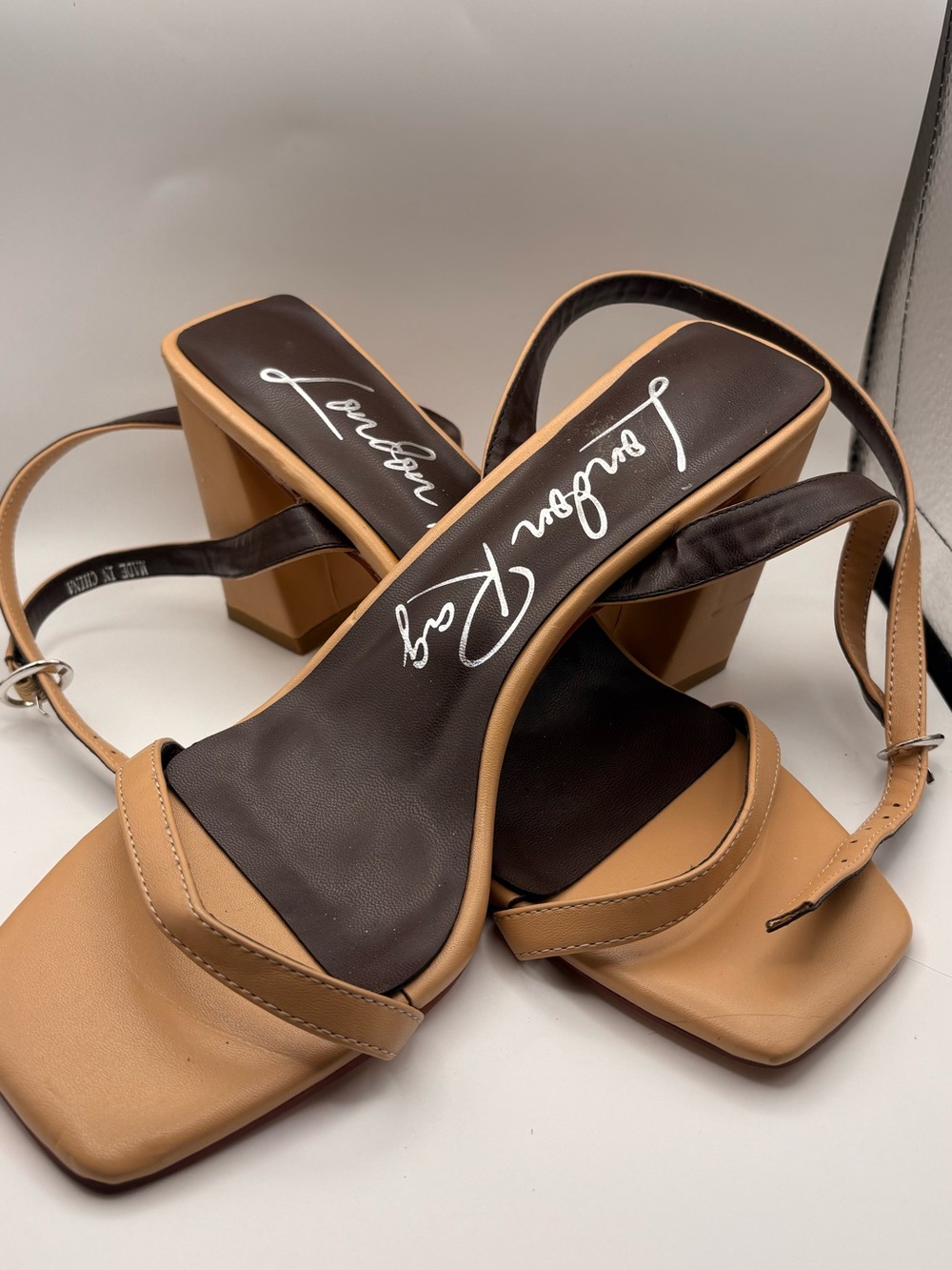 London Rag Tan Square-Toe Block Heel Sandals